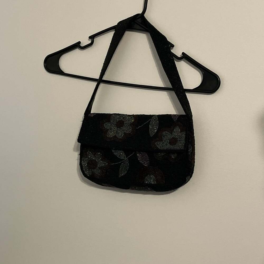 Y & S Elegant Beaded Black Floral Bag BB:292-10 7”x10”H Vintage